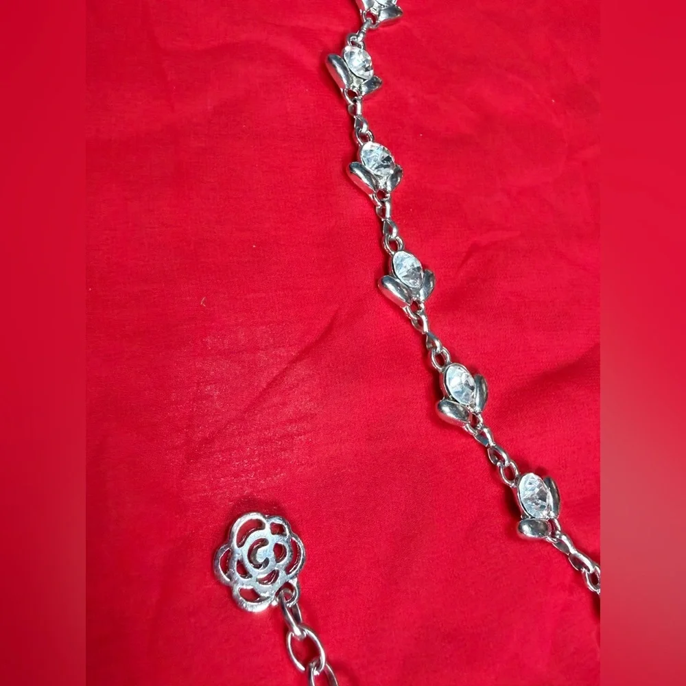 Vintage silver tone floral metal and enamel chain statement belt